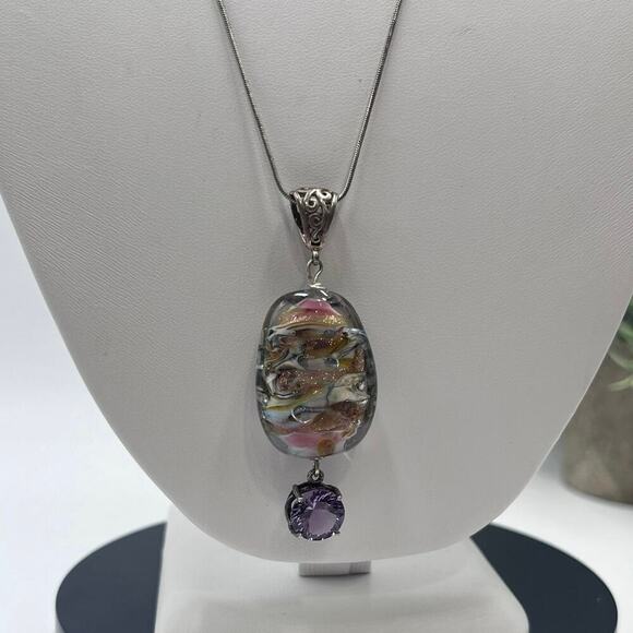 Sterling Silver Pink Gold Art Glass Helix Solitaire Amethyst Pendant Necklace - Picture 1 of 11